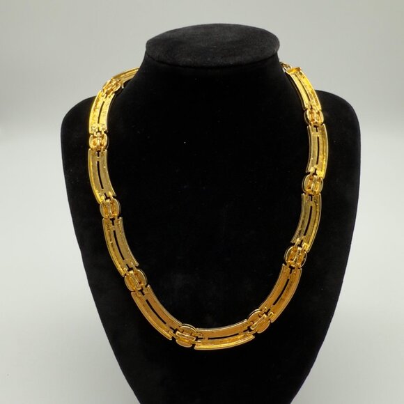 Vintage Runway Monet Gold Rhinestone Black Enamel Necklace Sectional Collar - Picture 2 of 8